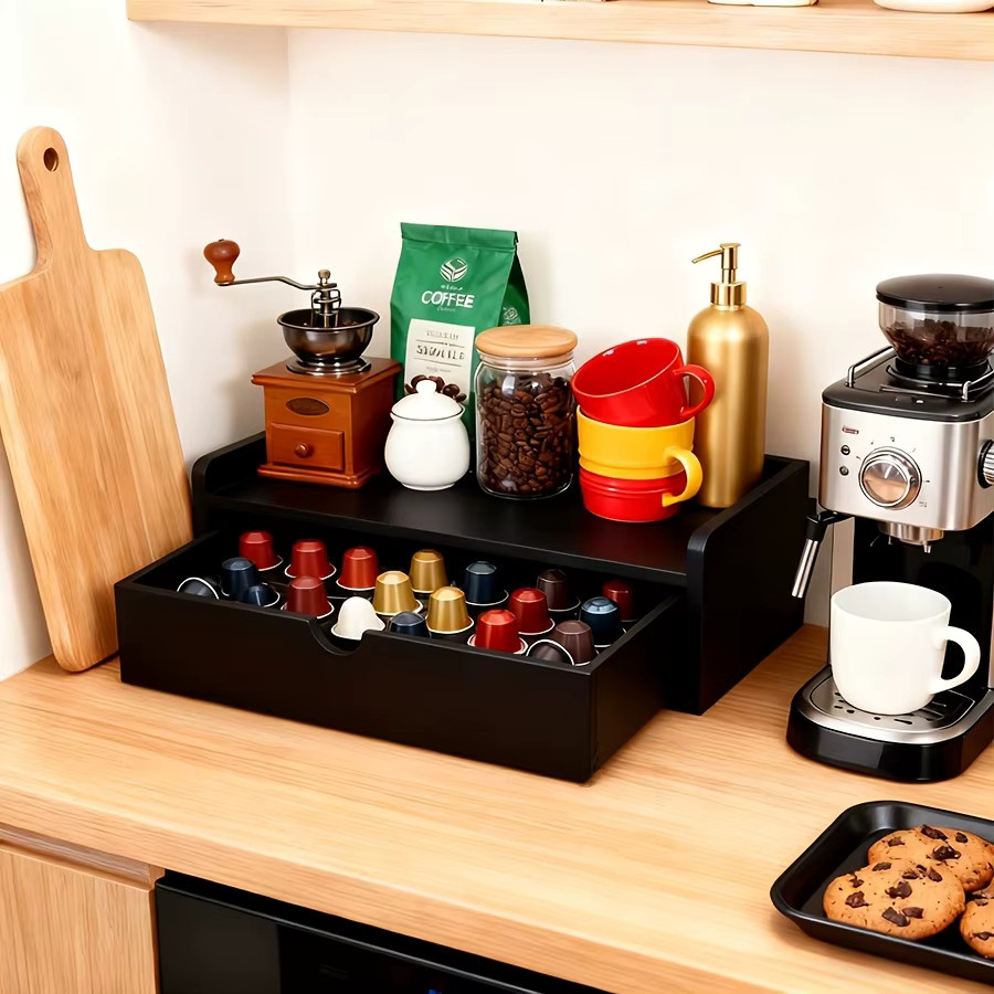 IDUK Kaffee-Bar-Organizer aus rustikalem Holz in Braun oder Schwarz als Tee- und Gewürzaufbewahrungshalter für Küche, Büro und Café - Bild 4