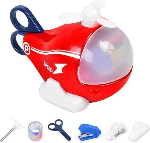 Outdeer 6-in-1 Cartoon-Helikopter Schreibwaren-Set für Kinder in Rot mit Bleistift, Lineal, Schere, Anspitzer, Radiergummi und Hefter - Bild 1