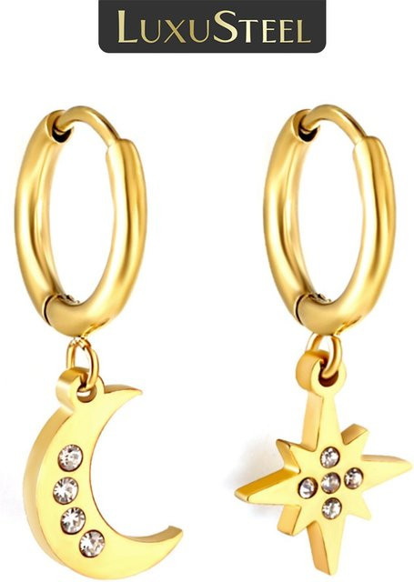 LUXUSTEEL Ohrringe Edelstahl, Diamant, Zirkonia, Damen, Kreis mit Sternen Mond - Bild 1