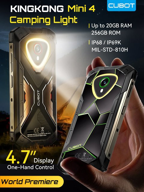 Cubot KingKong MINI 4 Robustes Mini-Smartphone mit Android 15, 4,7 Zoll Display, 256 GB ROM, 20 GB RAM, 4700 mAh Akku, NFC und IP68 Schutz, Black-Green - Bild 1