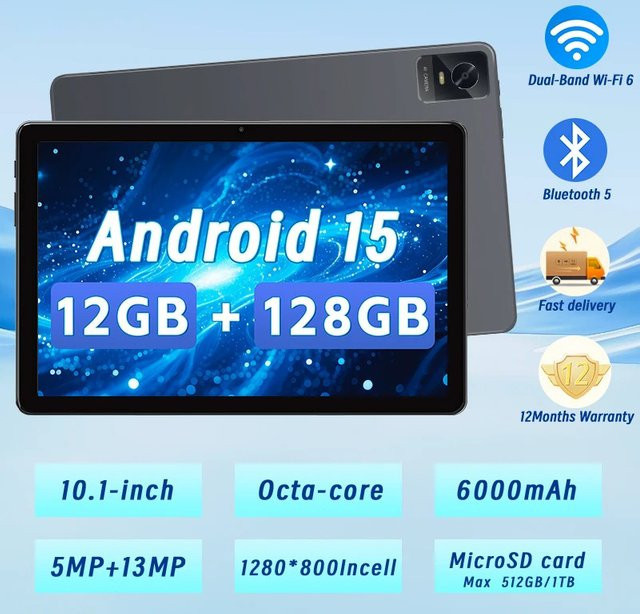 Paitanry Android 15 Tablet mit 10,1 Zoll Display, 12 GB RAM, 128 GB Speicher, 5G, Octa-Core Prozessor und 6000-mAh-Akku - Bild 1