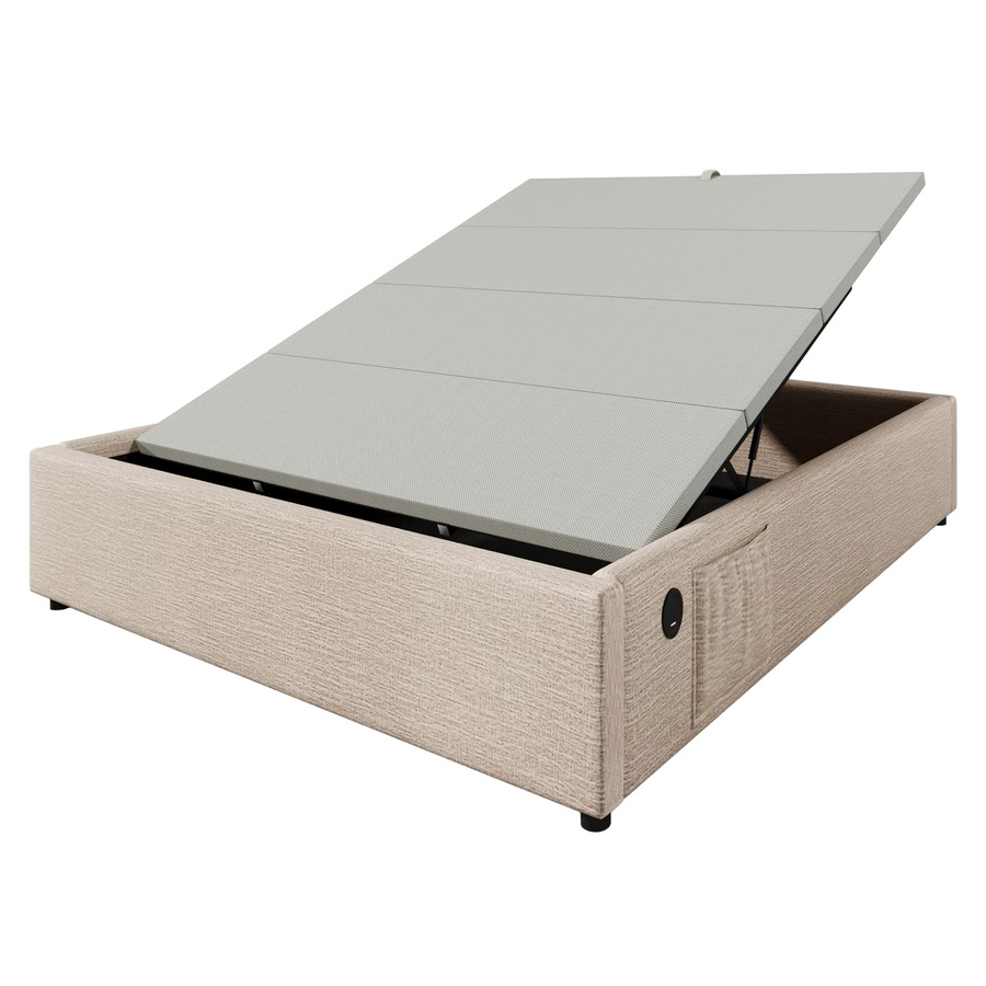 KOMHTOM Doppelstauraumbett aus Leinen in Beige mit USB-C-Ladefunktion ohne Kopfteil, B/T: 140 x 200 cm - Bild 2