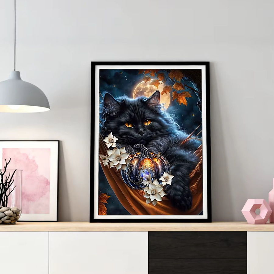 HUACAN Diamant-Mosaik-Kunst Set Katze mit Gänseblümchen in Schwarz und Multicolour, 5D DIY Malerei für die Wanddekoration - Bild 3