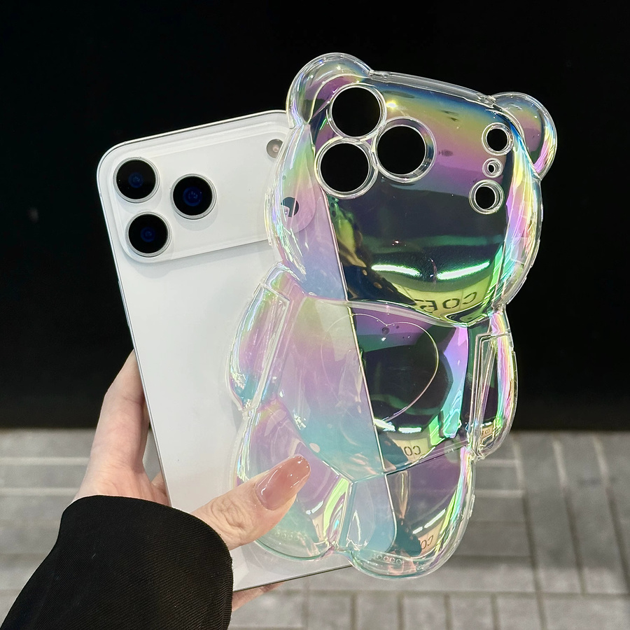 Stoßfeste Handyhülle mit buntem 3D-Bären-Design und Farbverlauf für Apple iPhone 12 bis 17 Pro Max, transparent und pink - Bild 2