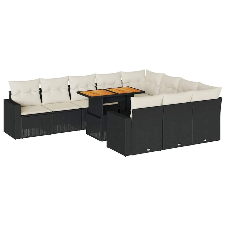 vidaXL 11-tlg Garten-Sofagarnitur in U-Form aus Poly-Rattan und Akazienholz mit Kissen in Schwarz-Creme - Bild 2