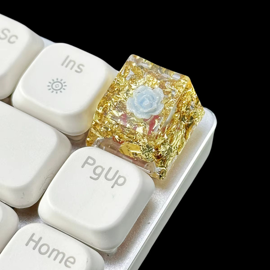 Personalisierte Harz-Rosenblüten-Tastenkappen für mechanische Tastaturen mit Kreuzschaft in Transparent mit Silber- und Gold-Folien-Effekt - Bild 3