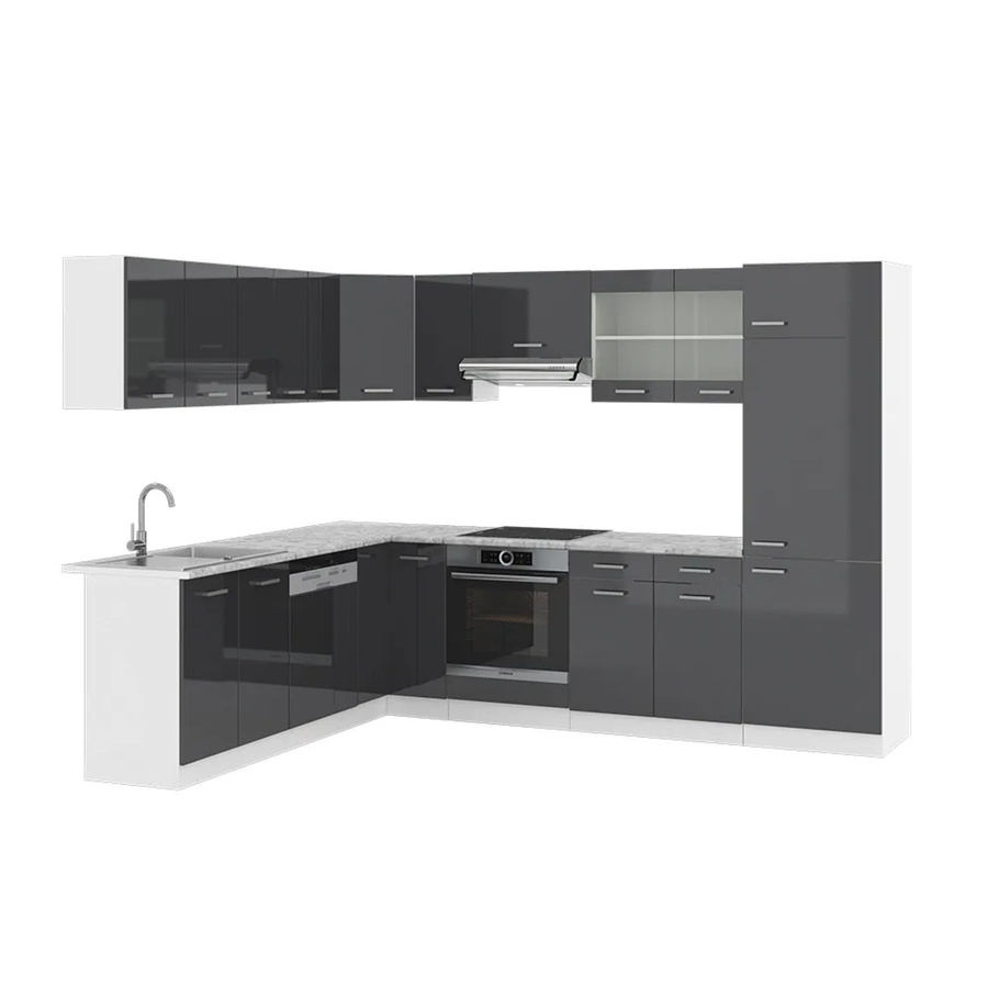 Vicco R-Line Eckküche Einbauküche in Anthrazit Hochglanz und Weiß mit Marmor-Optik B/T/H: 227 x 287 x 207 cm - Bild 3