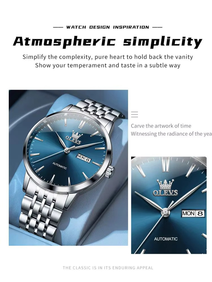 OLEVS Armbanduhr Automatik, Edelstahl, Silber, Dual-Kalender, Herren - Bild 6