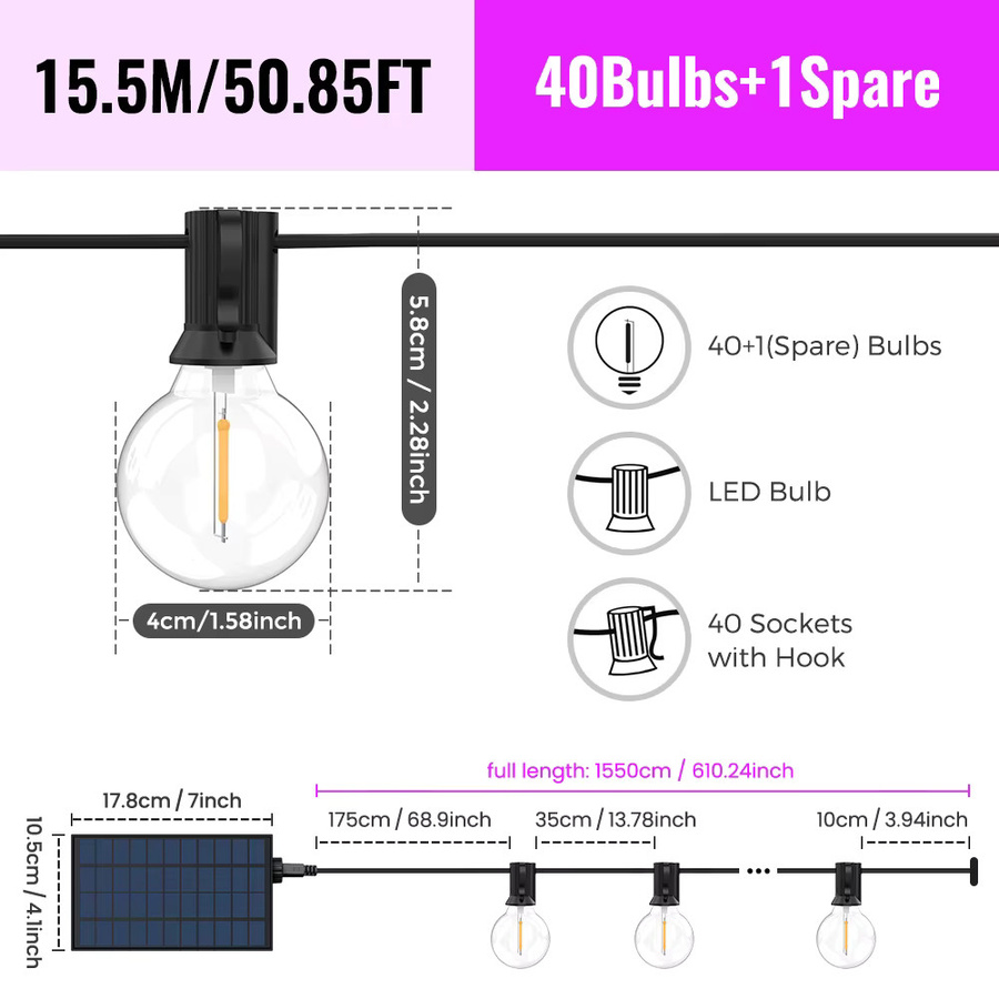 Aiopp Solar-Lichterkette für den Außenbereich mit RGB LED Globe Glühbirnen, USB- und solarbetrieben, IP44 wetterfest, Vintage Filament Design, Schwarz, Transparent - Bild 7