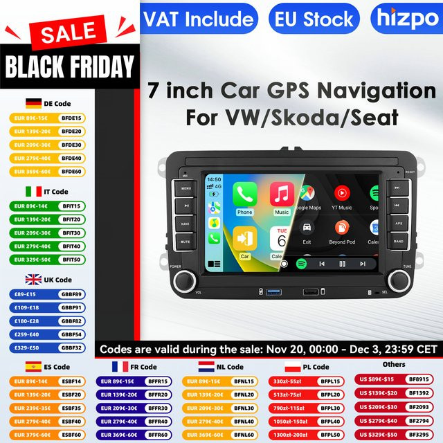 Hizpo Android 14 Autoradio mit 7 Zoll Display, Carplay und 4G AI System für Volkswagen VW Passat B6 B7 T5 Tiguan Touran Golf Polo, Schwarz - Bild 1