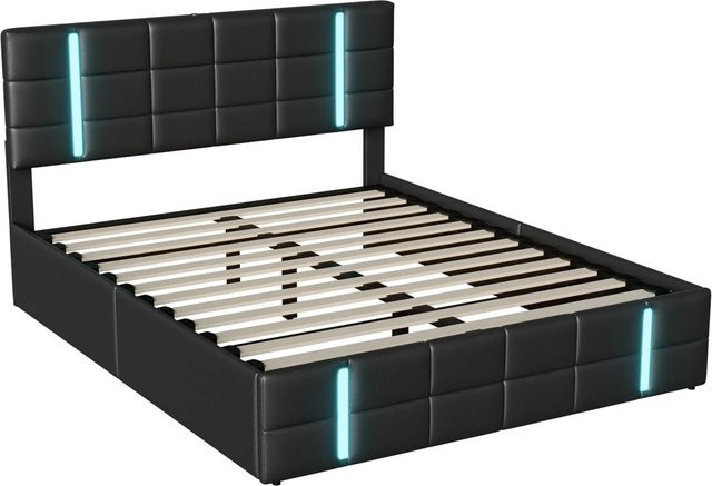 PXloue Doppelbett Polsterbett mit LED, USB-Anschluss und Stauraum, Schwarz, B/T/H: 140 x 200 x 103 cm - Bild 1