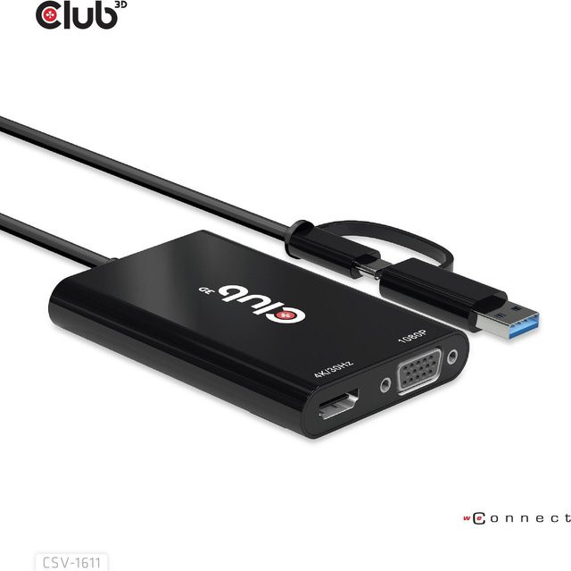 Club3D Videoadapter USB Typ A und USB-C zu HDMI und VGA für Zweibildschirmbetrieb, 4K30Hz und 1080p, Schwarz (CSV-1611) - Bild 1