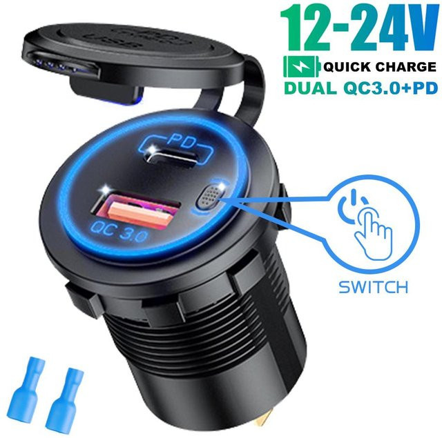 Meiteai-Car&Motor 65W USB PD und QC3.0 Autoladegerät mit USB-A und USB-C Anschlüssen, Wasserdichtes Schnellladeadapter mit Ein/Aus-Schalter, Schwarz - Bild 1
