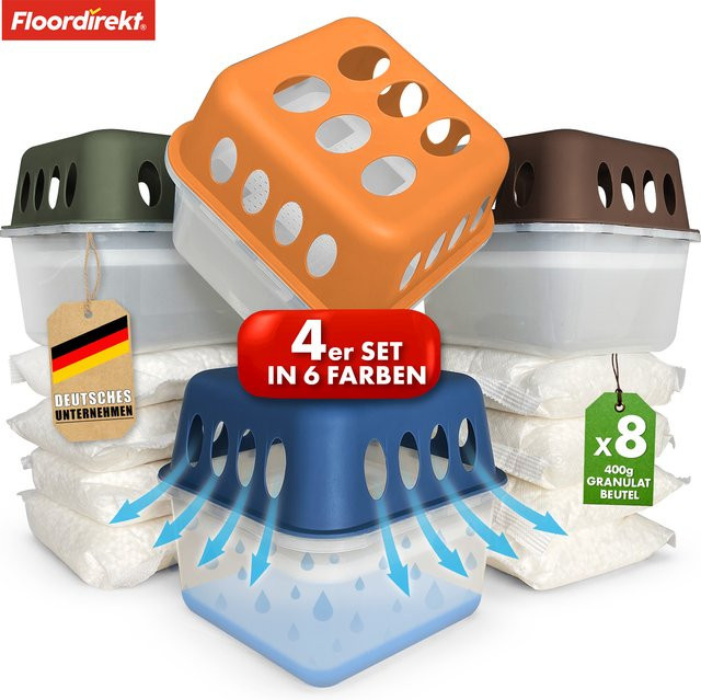 FLOORDIREKT Luftentfeuchter Hava 4er-Set in Braun mit 8 Nachfüll-Beuteln Granulat 400g pro Beutel nachfüllbar und wiederverwendbar - Bild 1