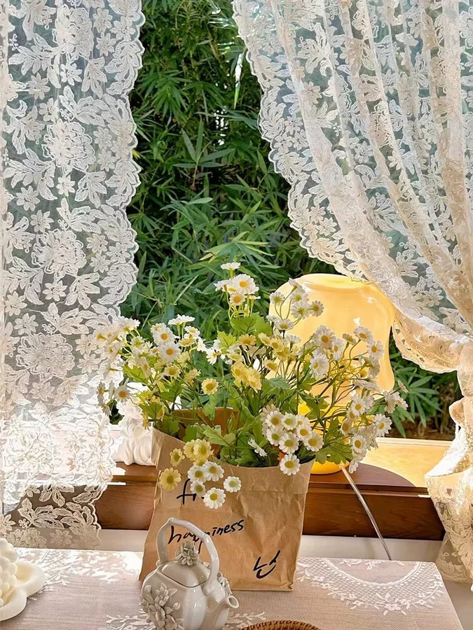 ZJBYZHOUSEHOLD Transparenter Gaze-Vorhang im französischen Retro-Stil mit floraler Stickerei, Beige, 1 Stück - Bild 2