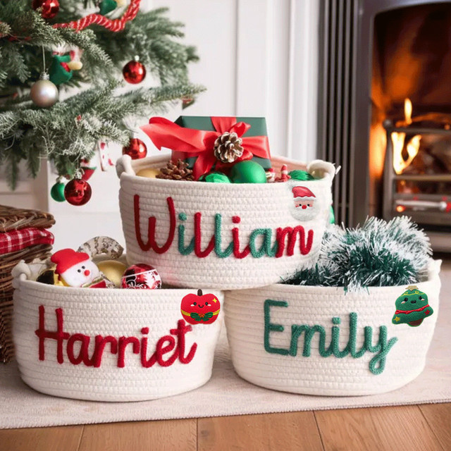 Personalisierter Weihnachtskorb aus weißem Baumwollseil mit individuellen Buchstaben zur Aufbewahrung - Bild 1
