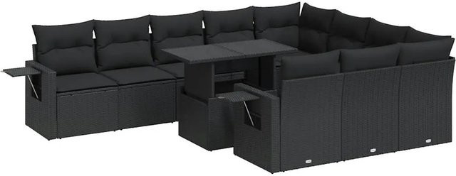 vidaXL 11-tlg. Garten-Sofagarnitur in L-Form aus schwarzem Poly-Rattan mit Kissen und pulverbeschichtetem Stahlgestell - Bild 1