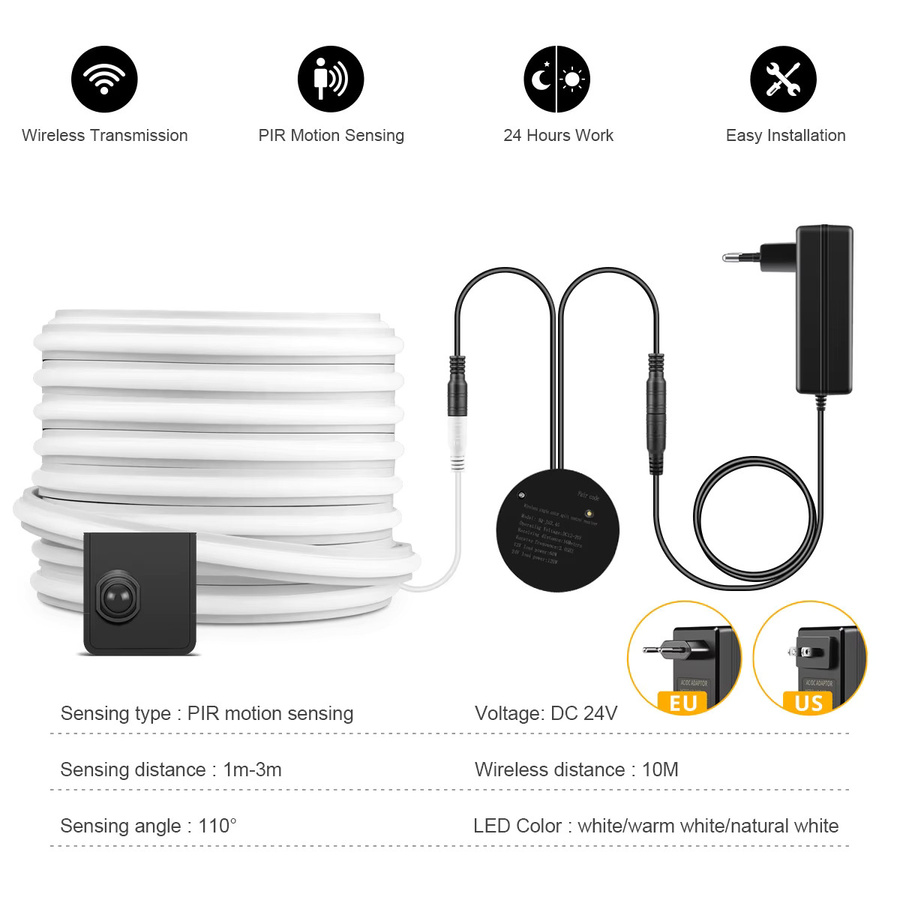 CHNAITEKE Kabelloser COB-LED-Neonstreifen mit PIR-Bewegungssensor und integrierter LED für Nachtlicht in Bett, Badezimmer, Treppe und Flur, 24 V, Silikonband - Bild 2