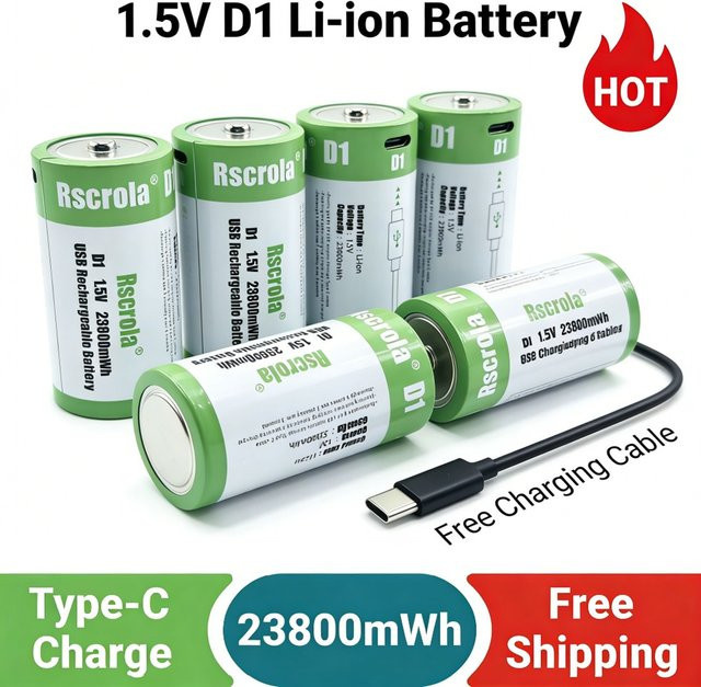 Rscrola 1,5V D1 Li-Ionen-Akku 23800mWh wiederaufladbare D-Batterie mit Ladekabel in Grün - Bild 1