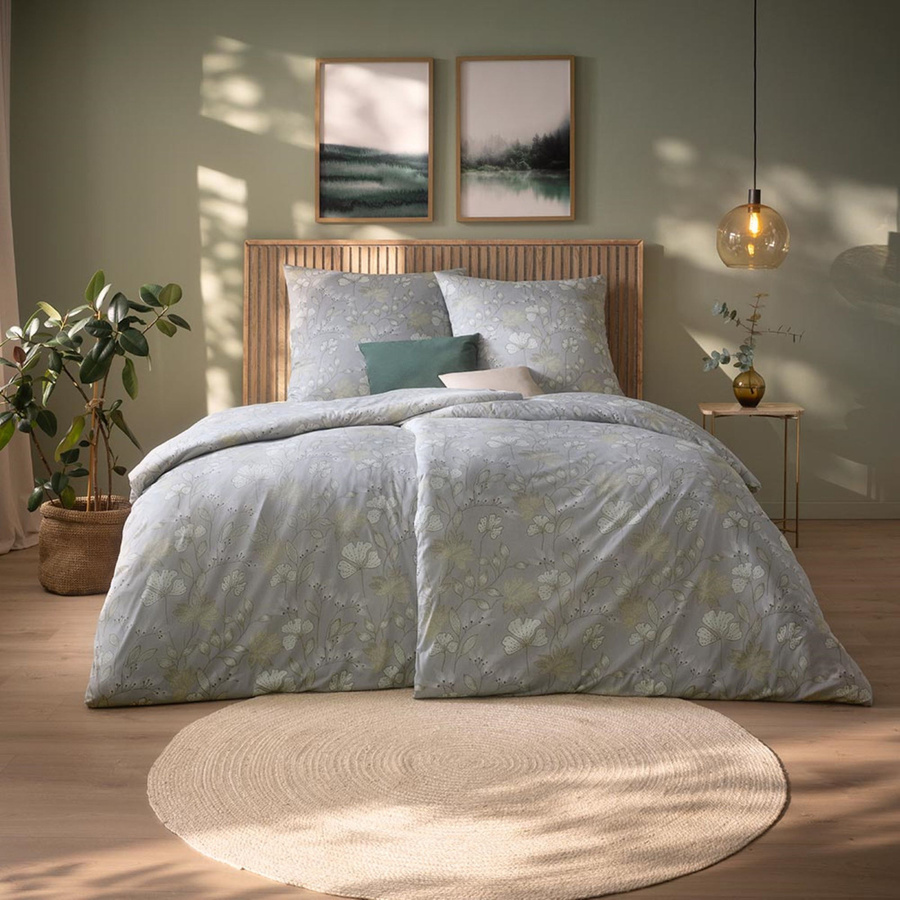 Estella Mako Jersey Bettwäsche Mona silber Blüten Gräser B/H: 155 x 220 cm mit Kissenbezug 80 x 80 cm - Bild 1