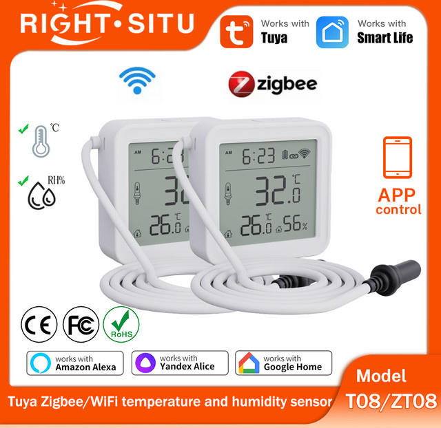 Tuya Zigbee WiFi Temperatur-Feuchtigkeitssensor mit 100 cm externer Sonde in Weiß für SmartLife und Alexa App-Steuerung - Bild 1
