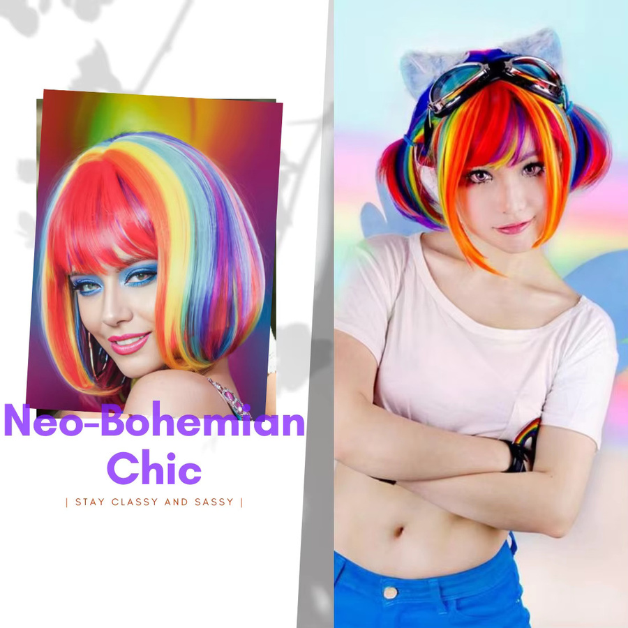 Whimsical W Regenbogen-Perücke, kurzer Bob mit Pony, lockig, Damen - Bild 3