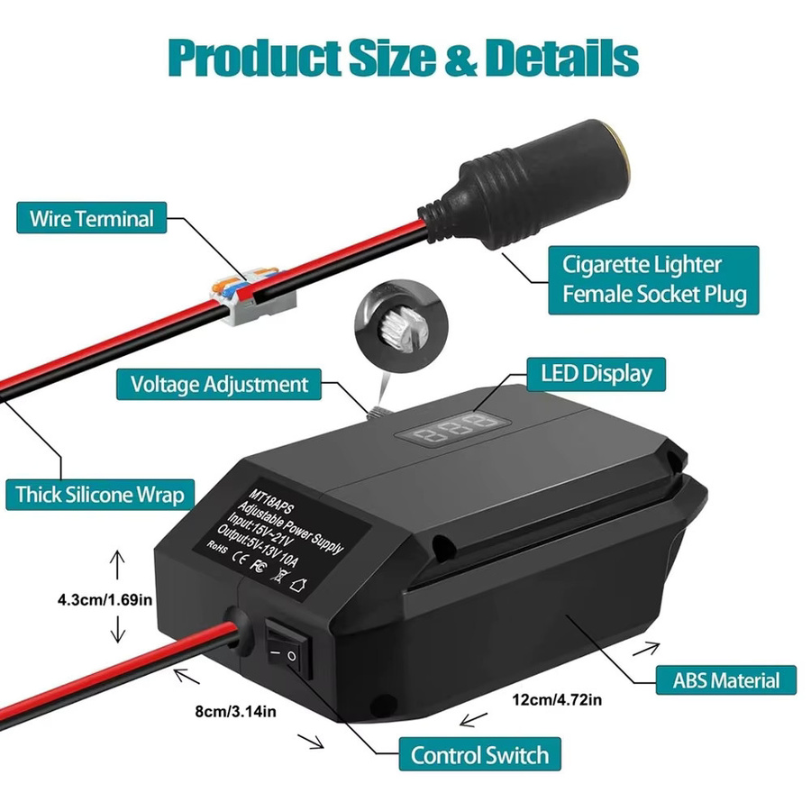 Makita Power Wheel Adapter 18V auf 12V Step-Down-Konverter mit Zigarettenanzünder in Schwarz - Bild 3
