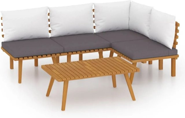 vidaXL 5-tlg Garten-Lounge-Set aus massivem Akazienholz in Braun mit grauen Kissen in L-Form - Bild 1