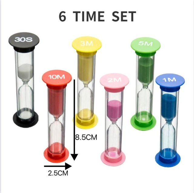 6-teiliges Sanduhr-Set aus Kunststoff in bunten Farben mit Zeitintervallen von 30 Sek., 1 Min., 2 Min., 3 Min., 5 Min. und 10 Min. - Bild 1