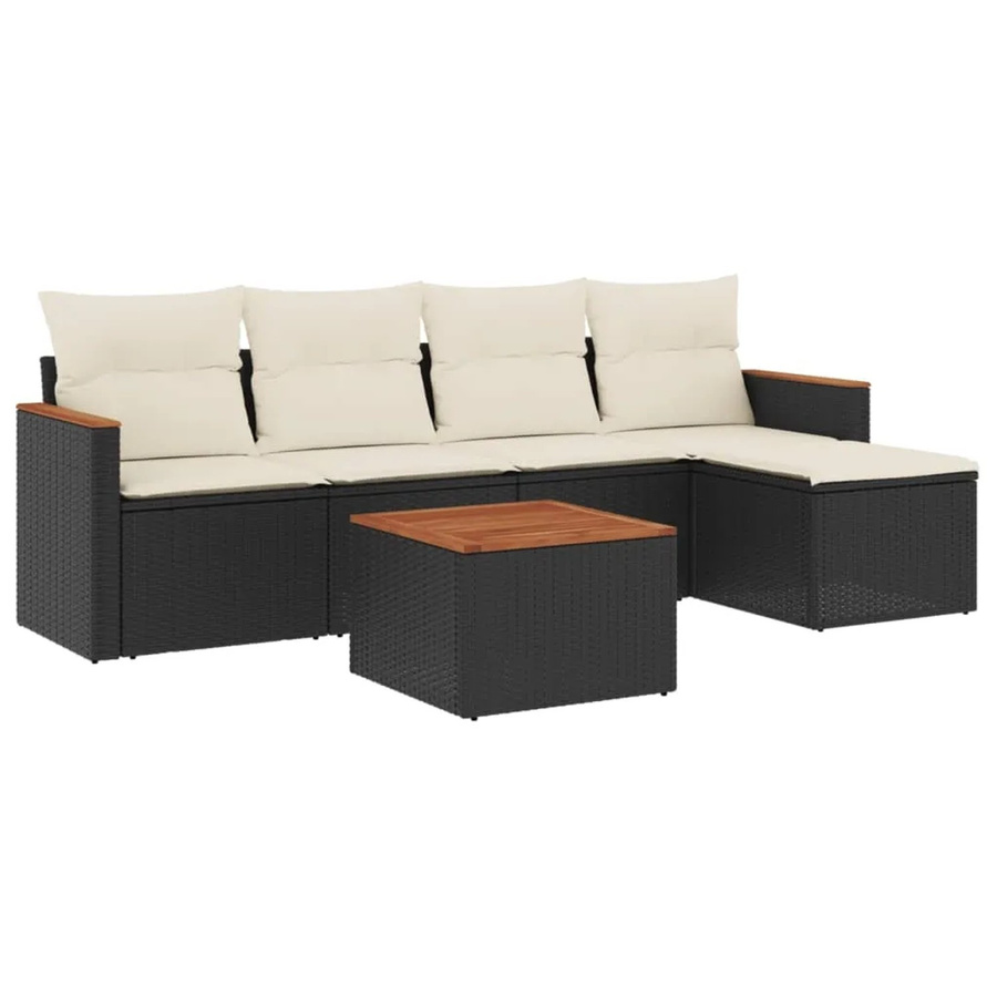 vidaXL 6-teilige Garten-Sofagarnitur in L-Form aus Poly-Rattan und Akazienholz mit Kissen in Schwarz-Creme - Bild 2
