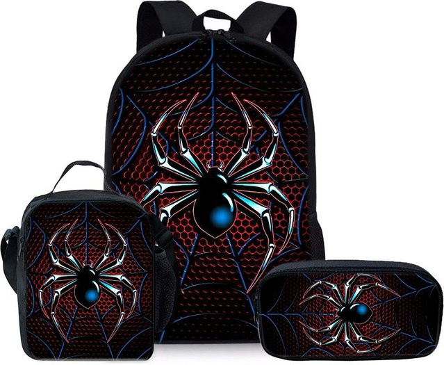 Fancy Style Studio 3er-Set Schulranzen mit 3D Spinnen-Aufdruck für Jungen und Mädchen, inklusive Brotdose und Federmäppchen, Farbe: Schwarz - Bild 1
