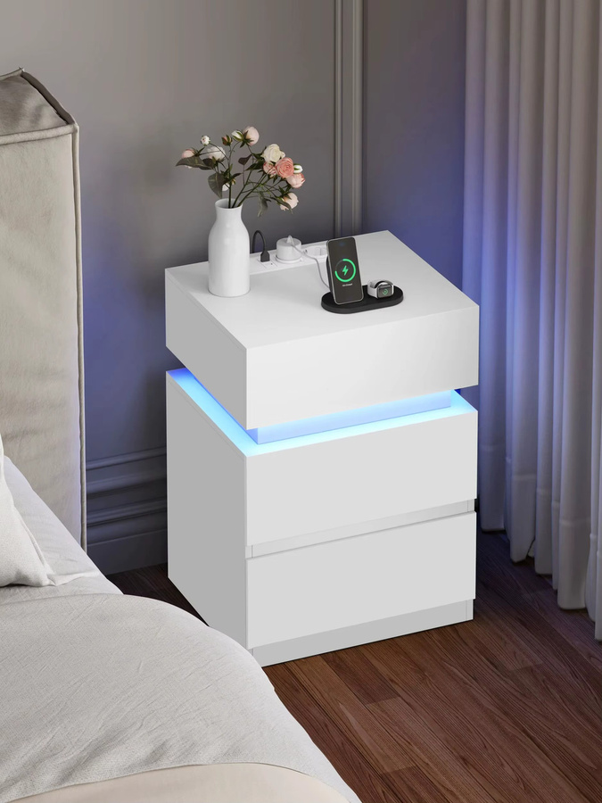WOLTU Nachttisch in Weiß/Schwarz mit LED-Beleuchtung, 2 Schubladen und USB-Ladefunktion, moderner Beistelltisch für dein Schlafzimmer - Bild 5