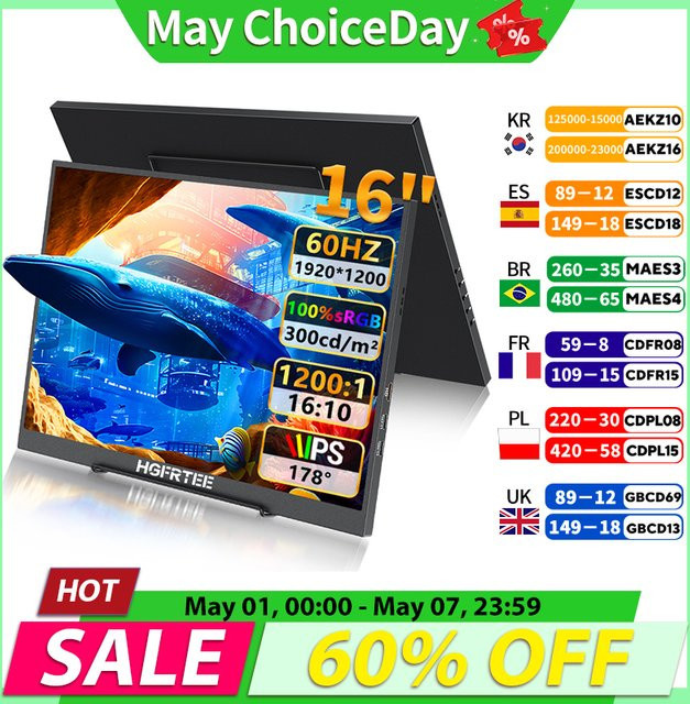HGFRTEE Tragbarer 16 Zoll Monitor in Schwarz mit Full HD Auflösung, 100 % sRGB, 60 Hz und VESA-Halterung für Laptop, PC, Telefon und MAC - Bild 1