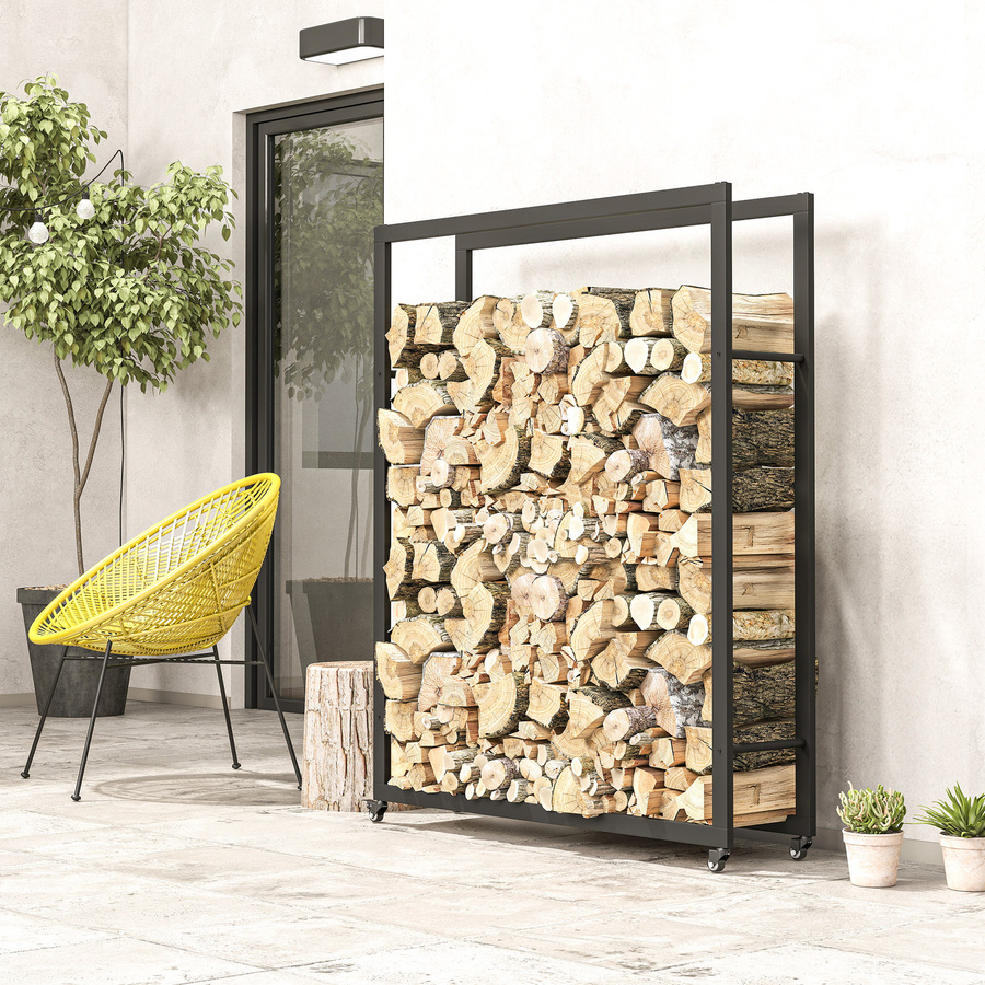 Outsunny Kaminholzregal aus Metall mit Rollen für Indoor und Outdoor, Schwarz, B/T/H: 120 x 32 x 151 cm - Bild 2