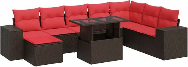 vidaXL 9-teilige Garten-Sofagarnitur in L-Form aus braunem Poly-Rattan und Akazie mit UV-beständigen Kissen - Bild 1