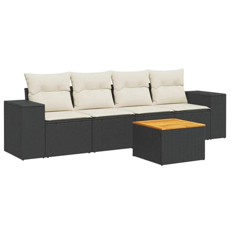 vidaXL 5-tlg. Garten-Sofagarnitur aus Poly-Rattan und Akazienholz in Schwarz mit Kissen und Stauraum - Bild 2