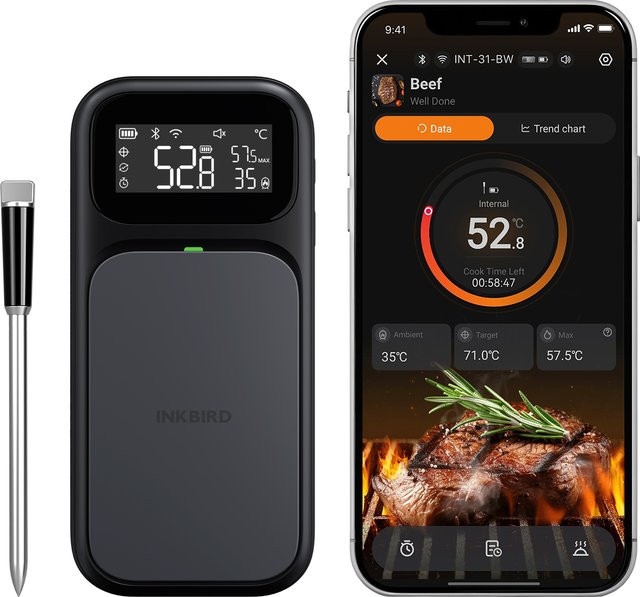 Inkbird INT-31-BW Smart Wireless Fleischthermometer mit 5 Sensoren, WiFi und Bluetooth Dual-Modus, App-Steuerung, NIST-zertifiziert, IP67, Schwarz - Bild 1