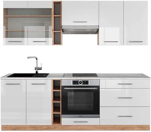 Vicco Fame-Line Küchenzeile Weiß Hochglanz und Goldkraft Eiche mit Marmor-Optik, Breite: 235 cm - Bild 1