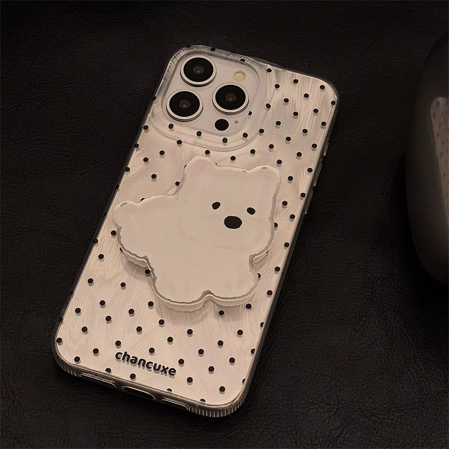 MUQGEW Koreanische Polka Dot Handyhülle mit Cartoon-Welpenhalterung für iPhone 16, 15, 14, 13, 12, 11 Pro Max, stoßfeste Hartschale, transparent - Bild 4