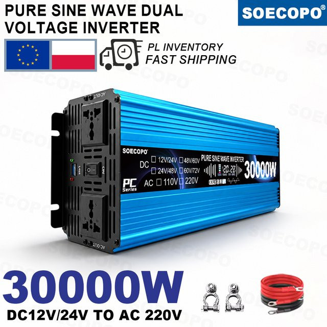 SOECOPO Solarwechselrichter 30000W mit reiner Sinuswelle, hocheffizienter Dual-Spannungswandler von 12V/24V DC zu 220V AC, Farbe: Blau - Bild 1