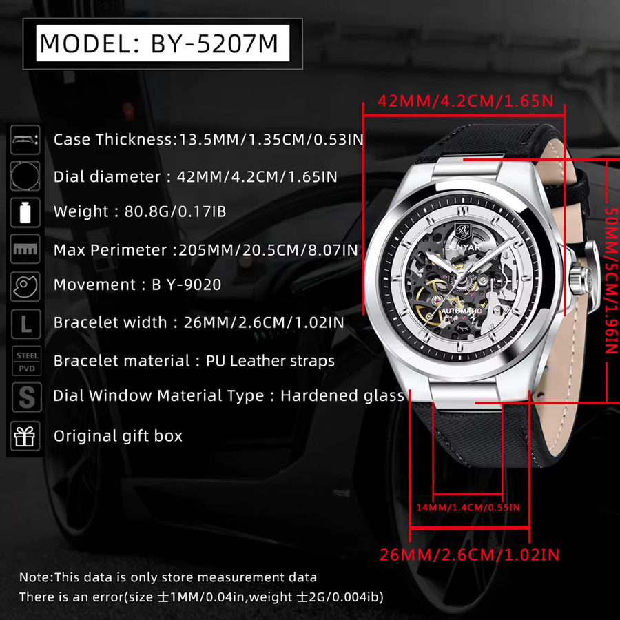 BENYAR Armbanduhr Automatik, Edelstahl, Leder, Blau, Herren - Bild 5
