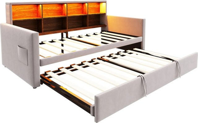 Merax Schlafsofa aus Samt mit LED-Beleuchtung, USB-Ladeport und Stauraum, Hellgrau, B/T/H: 90 x 190 x 104 cm - Bild 1