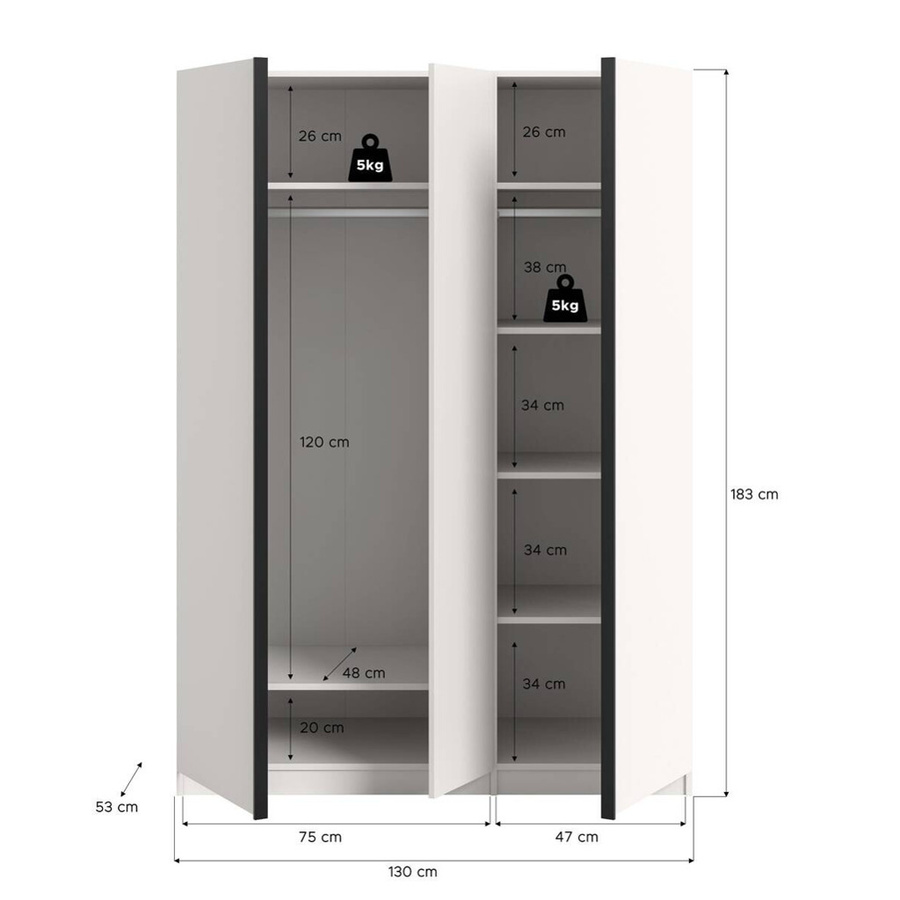 Kleiderschrank OAKLAND von xonox.home in Weiß mit Schwebetüren, B/H/T: 130 x 183 x 53 cm - Bild 3
