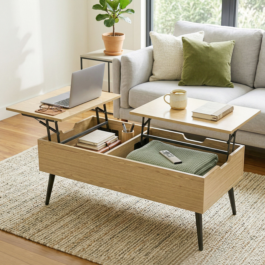 HOMCOM Hochklappbarer Couchtisch mit zwei Platten und verstecktem Fach in Naturholz, moderner Wohnzimmertisch mit Metallbeinen, B/T/H: 100 x 50 x 58 cm - Bild 2