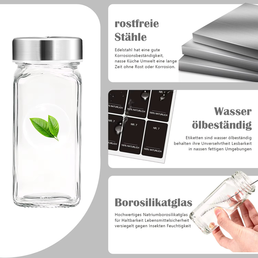 SIAZIH Gewürzglas-Set aus Glas mit Edelstahldeckel, quadratische Gewürzbehälter in Transparent, 35 Stück, Volumen: 120 ml pro Glas, inklusive Trichter und Etiketten - Bild 4