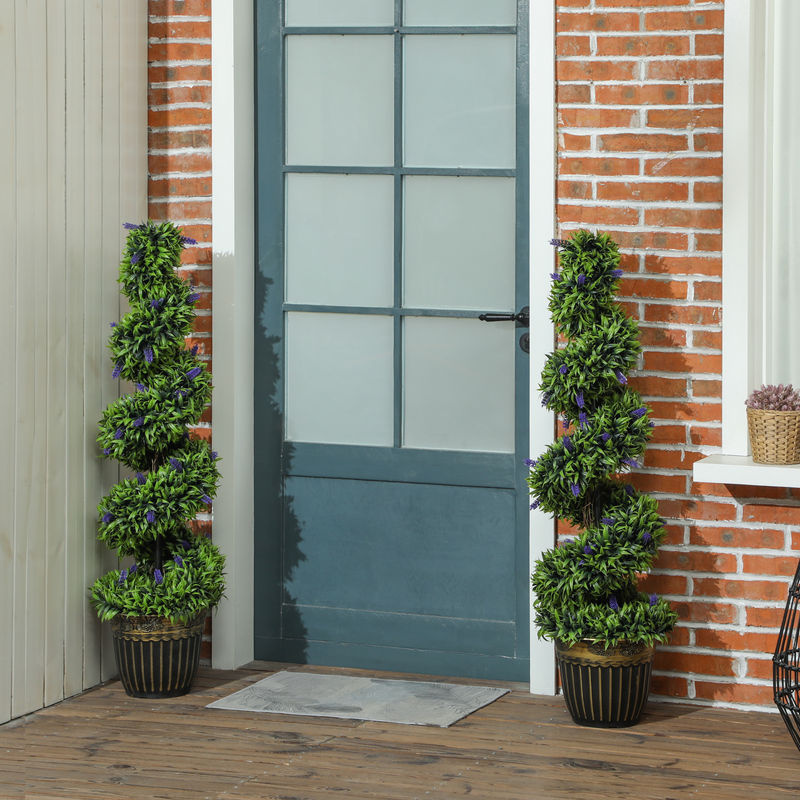 2er Set HOMCOM Künstliche Spiral-Buchsbaum Pflanzen mit Lavendel in Betonoptik, Höhe: 115 cm, Grün und Blau - Bild 2