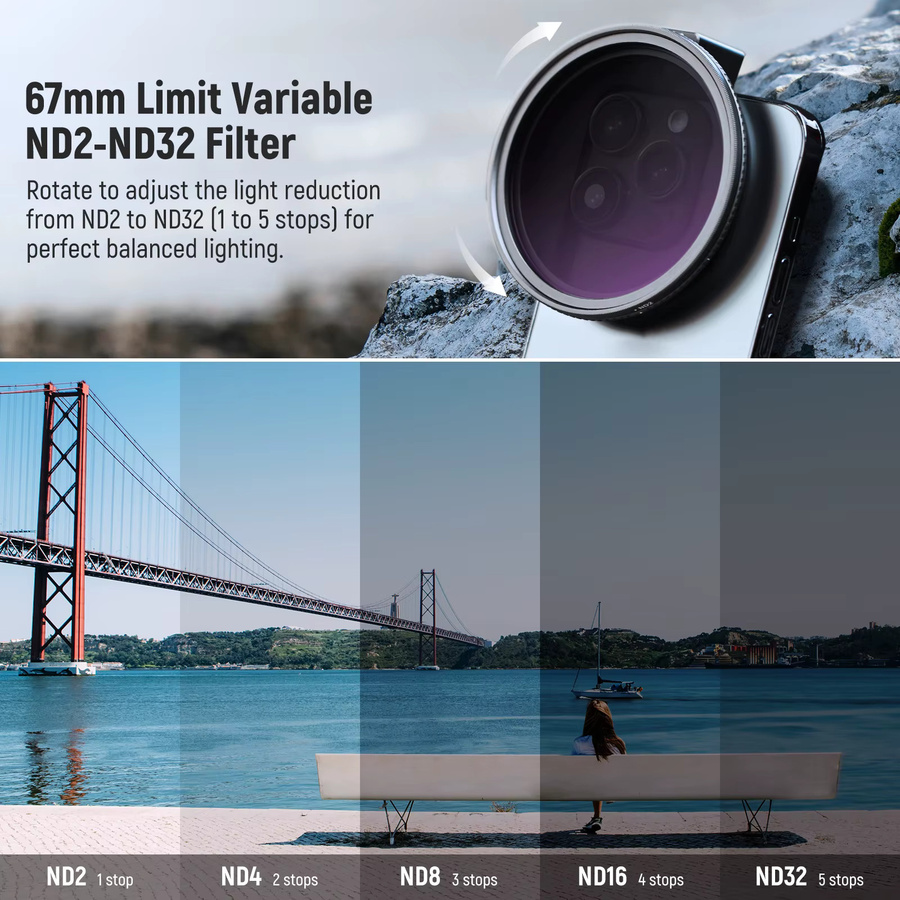NEEWER 67 mm Clip-On-Filterset mit variablem ND2-ND32-Telefonobjektiv und Telefonclip in Schwarz - Bild 2