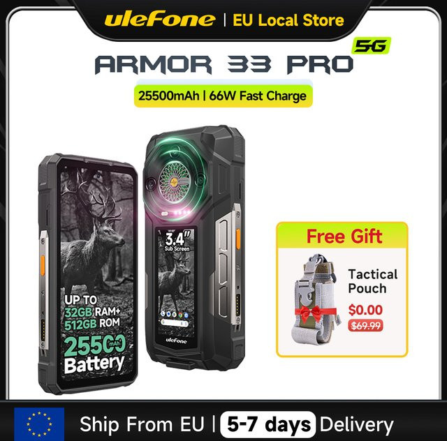 Ulefone Armor 33 Pro 5G Robustes Android Smartphone in Schwarz mit 512 GB ROM, 25500 mAh Akku, 6.59 Zoll Hauptdisplay, 3.4 Zoll Zweitdisplay und NFC - Bild 1