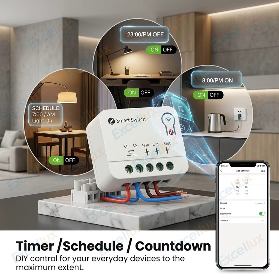 Excellux Zigbee 3.0 Mini Smart DIY Schalter Relais Modul für Smart Home Automatisierung, 10A/16A, Weiß, Kompatibel mit Tuya und Smart Life (Z2M Gateway erforderlich) - Bild 3