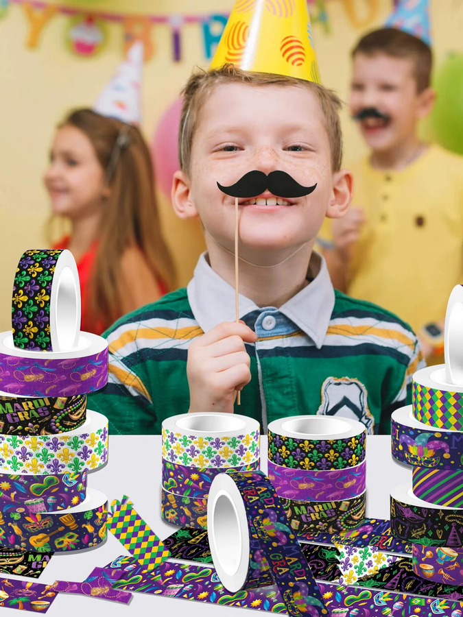 12er-Pack Mardi Gras Washi Tape in Lila und Multicolour mit Schmuck- und Maskenmustern für DIY-Bastelarbeiten und Scrapbooking - Bild 3
